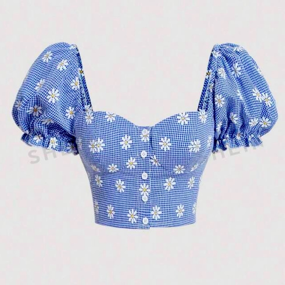 SHEIN Blue and White Summer Gingham & Floral Print Neck Puff Sleeve